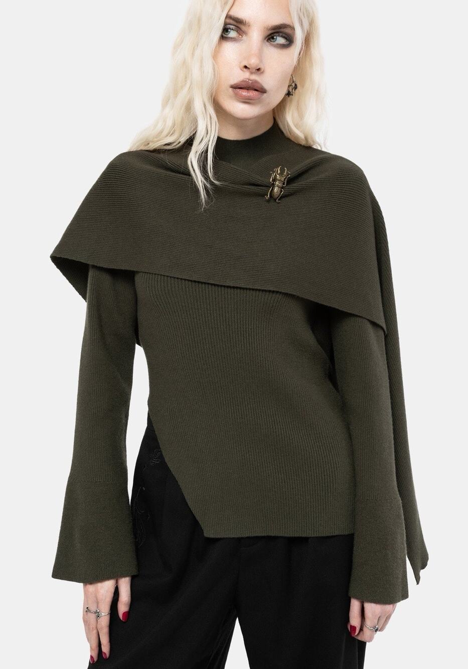 Disturbia Symphony Scarf Cape Flare Knit Top Green Size L S5348